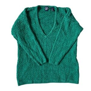 Vintage GAP Women's Green Textured V Neck Sweater Size S 90's Preppy Cottagecore